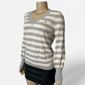 Ralph Lauren Striped V Neck Sweater Gray Cream Preppy Classic Knit Women’s L